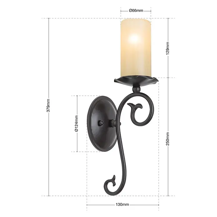 Orion Leuchten Wandleuchte - 40 W, L x B x H: 14 x 12,5 x 37 cm, E14 - Verzierte Wandleuchte aus dunklem Metall mit geschwungenem Arm und zylindrischem, beleuchtetem Cremeglas-Schirm.