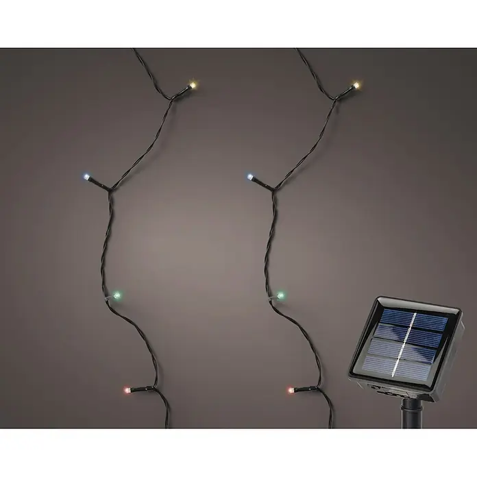 Lumineo Guirnalda luminosa LED Solar Basic 2F - Para exterior, Color de luz: Multicolor, Número de bombillas: 100 ud., Con energía solar - Dos guirnaldas de luces solares negras con bombillas LED de colores y un panel solar con estaca.