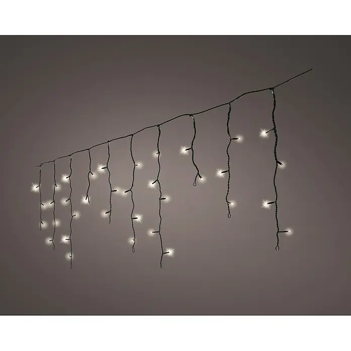 Lumineo Cascada de luz LED Icicle - Para exterior, 4,8 m, Blanco cálido, 180 ud., Funcionamiento en red - Cadena de luces LED de carámbano blanco cálido en cable oscuro, con longitudes variables para iluminación decorativa.