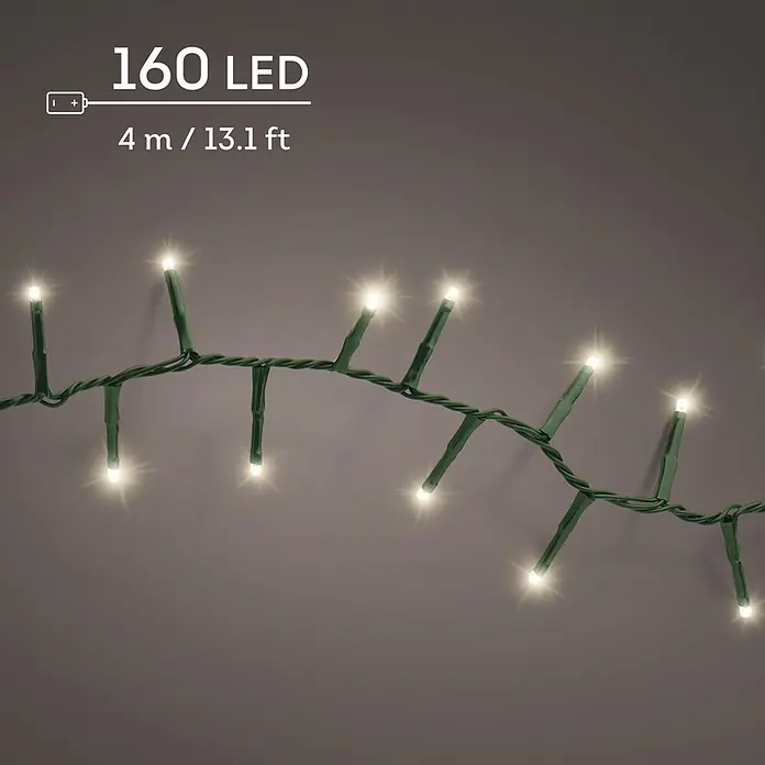 Lumineo Guirnalda luminosa LED a Batería - Para exterior, Blanco cálido, Número de bombillas: 160 ud., 4 m, Funciona con pilas - Guirnalda de 160 luces LED blanco cálido a pilas con cable verde, de 4 metros de largo.