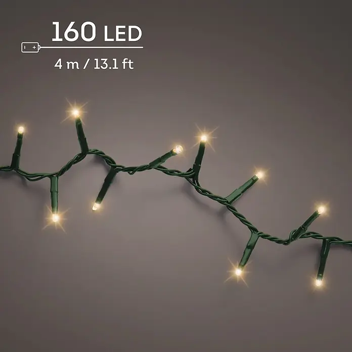 Lumineo Guirnalda luminosa LED a Batería - Para exterior, Blanco cálido tradicional, Número de bombillas: 160 ud., 4 m, Funciona con pilas - Guirnalda de luces LED blanco cálido con cable verde, a pilas.