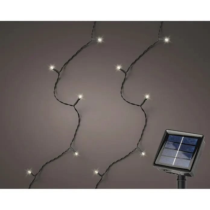 Lumineo Guirnalda luminosa LED Solar Basic 2F - Para exterior, Color de luz: Blanco cálido, Número de bombillas: 100 ud., Con energía solar - Guirnalda de luces solares con LEDs blancos cálidos en cable negro y un panel solar negro.