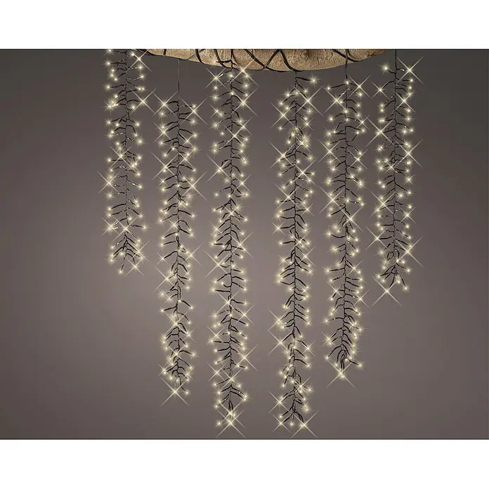 Lumineo Cascada de luz LED para árbol - Para exterior, 2 m, Blanco cálido, 480 ud., Funcionamiento en red - Luces LED de racimo blanco cálido colgando en hebras brillantes, asemejándose a carámbanos iluminados.