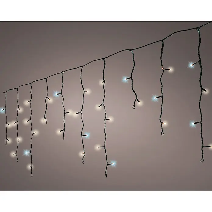Lumineo Cascada de luz LED Icicle - Para exterior, 4,8 m, Blanco cálido/Blanco tradicional, 180 ud., Funcionamiento en red - Guirnalda de luces tipo carámbano con cable verde oscuro y bombillas LED blanco cálido y frío alternadas.