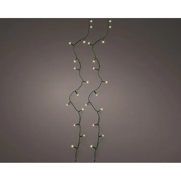 Lumineo Guirnalda luminosa LED Básica Batería 8 funciones - Para exterior, Color de luz: Ámbar, Número de bombillas: 96 ud., 7,1 m - Dos tiras de luces LED blanco cálido con cable verde, dispuestas verticalmente.