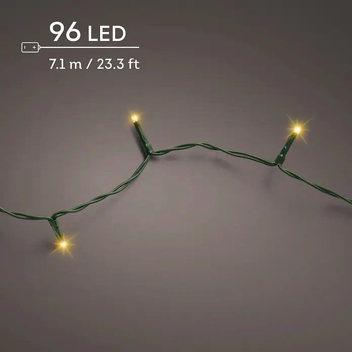 Lumineo Guirnalda luminosa LED Básica Batería 8 funciones - Para exterior, Color de luz: Blanco cálido, Número de bombillas: 96 ud., 7,1 m - Guirnalda de luces verde con 96 LEDs blanco cálido, de 7,1 metros.