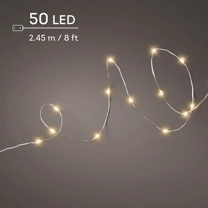 Lumineo Guirnalda navideña Microled a batería - Largo: 245 cm, 50 ud., Ámbar - Guirnalda de luces a batería con 50 LED blanco cálido sobre hilo claro, de 2,45m (8ft).