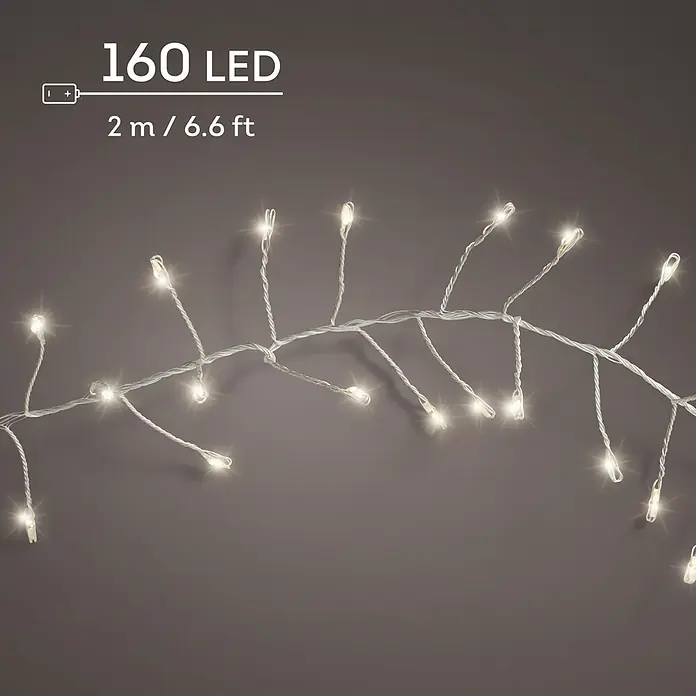 Lumineo Guirnalda luminosa LED Micro Battery - Para exterior, Color de luz: Blanco cálido, Número de bombillas: 160 ud., Funciona con pilas - Guirnalda de 160 luces LED blancas cálidas, 2m/6,6ft de largo, en hilo blanco delicado, a pilas.