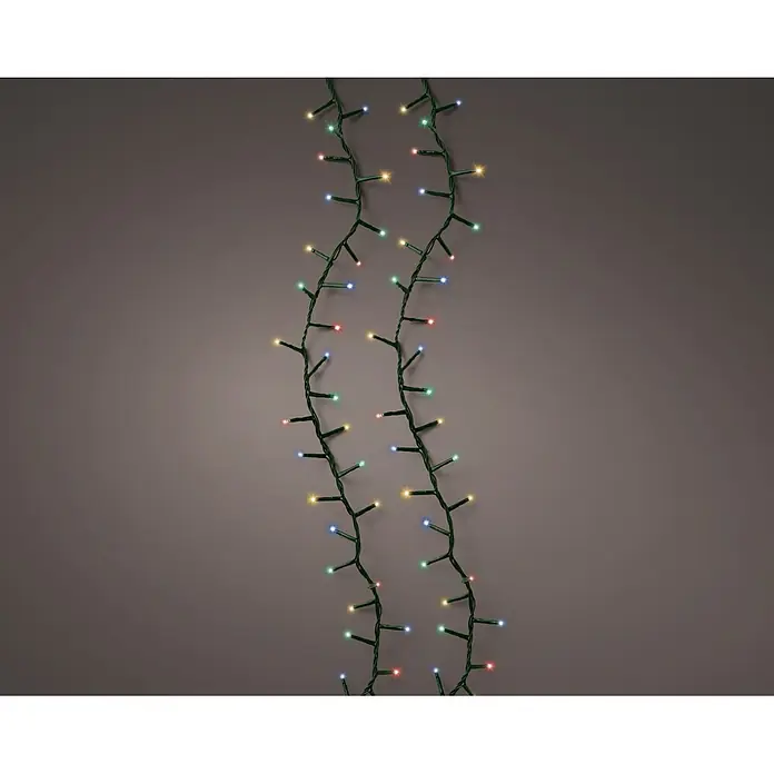 Lumineo Guirnalda luminosa LED a Batería - Para exterior, Multicolor, Número de bombillas: 480 ud., 12 m, Funciona con pilas - Dos tiras verticales de luces de cadena con cables verdes y LEDs multicolores espaciados uniformemente (rojo, verde, azul, amarillo/blanco cálido) para decoración festiva.