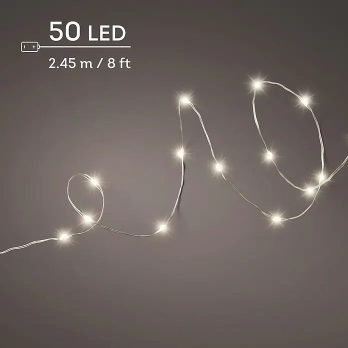 Lumineo Guirnalda navideña Microled a batería - Largo: 245 cm, 50 ud., Blanco cálido - Guirnalda de 50 luces LED blancas cálidas, a pilas, 2,45 m / 8 ft de largo con cable fino.