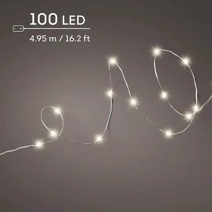 Lumineo Guirnalda navideña Microled a batería - Largo: 495 cm, 100 ud. - Guirnalda de 100 luces LED blanco cálido con cable transparente, 4,95m, a pilas.