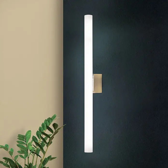 Orion Leuchten Wandleuchte - 60 W, L x B x H: 7 x 50 x 3,8 cm, S14d - Vertikale, beleuchtete weiße Wandleuchte mit gebürsteter Messingbasis an einer dunkelblauen Wand neben einer beigen Wand und einer grünen Pflanze.