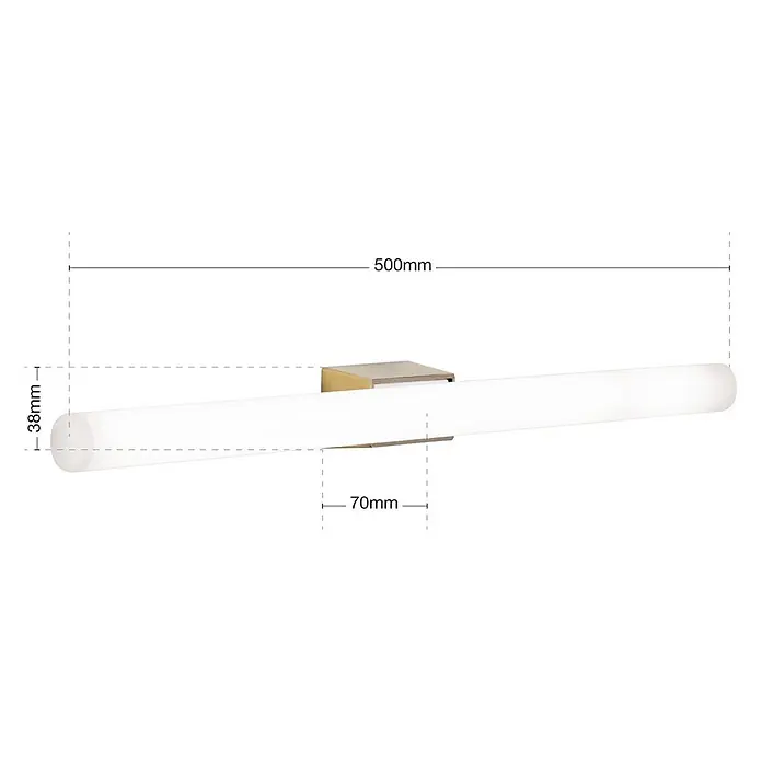 Orion Leuchten Wandleuchte - 60 W, L x B x H: 7 x 50 x 3,8 cm, S14d - Weiße zylindrische LED-Lichtleiste mit messingfarbener Halterung, 500mm lang, 38mm Durchmesser.