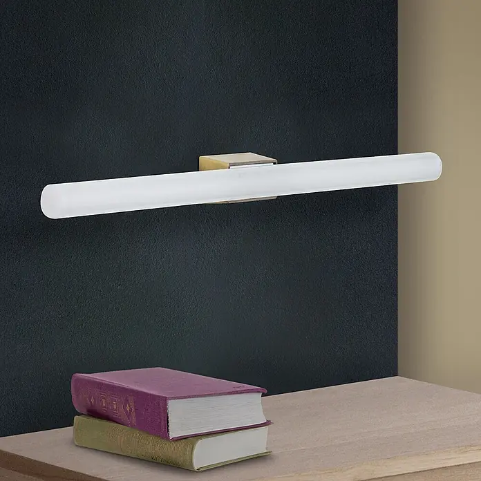 Orion Leuchten Wandleuchte - 60 W, L x B x H: 7 x 50 x 3,8 cm, S14d - Horizontale Wandleuchte mit mattweißem Diffusor und Messingsockel, über Büchern auf einer Holzfläche montiert.