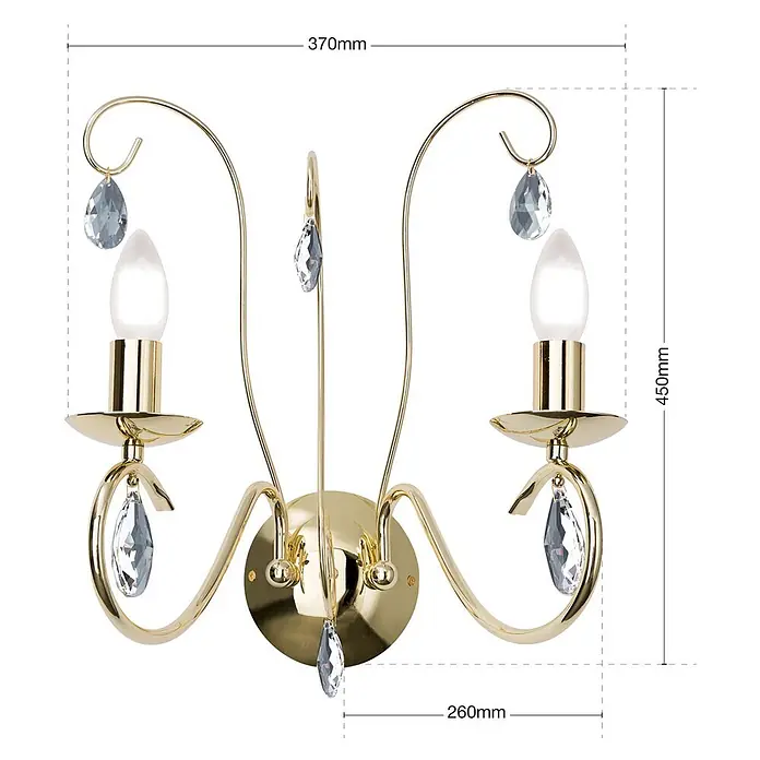 Orion Leuchten Wandleuchte - 40 W, L x B x H: 26 x 37 x 45 cm, E14 - Goldfarbene zweiflammige Wandleuchte mit dekorativen Kristallanhängern und Kerzenlampen.