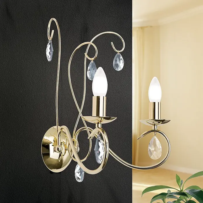Orion Leuchten Wandleuchte - 40 W, L x B x H: 26 x 37 x 45 cm, E14 - Goldene, verzierte Wandleuchte mit zwei kerzenförmigen Glühbirnen und klaren Kristalltropfen.