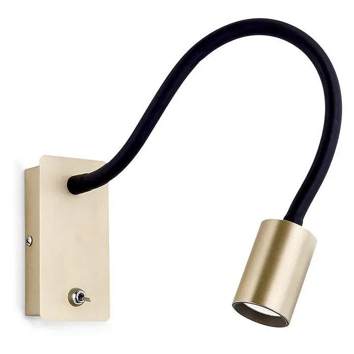 Orion Leuchten Wandleuchte - 5 W, L x B x H: 46 x 6 x 12 cm - Gebürstete Messing-Wandleuchte mit schwarzem flexiblem Arm und Kippschalter.
