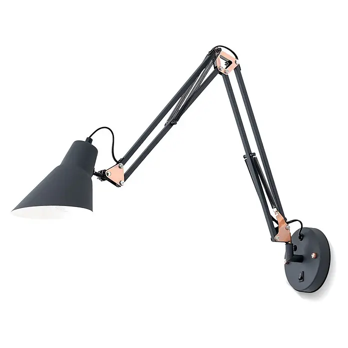 Orion Leuchten Wandleuchte - 40 W, L x B x H: 58 x 64 x 13,5 cm, E27 - Wandmontierte Gelenklampe mit dunkelgrauem Schirm, schwarzen Armen, sichtbaren Federn und kupferfarbenen Gelenken.