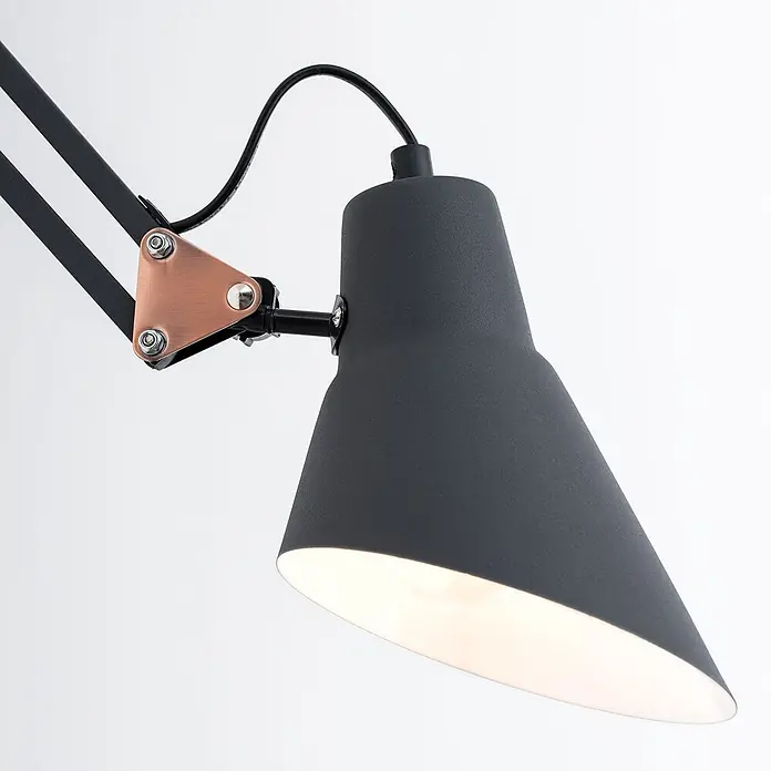 Orion Leuchten Wandleuchte - 40 W, L x B x H: 58 x 64 x 13,5 cm, E27 - Dunkelgraue verstellbare Schreibtischlampe mit kupferfarbenen Gelenkdetails und schwarzen Armen, beleuchtet.