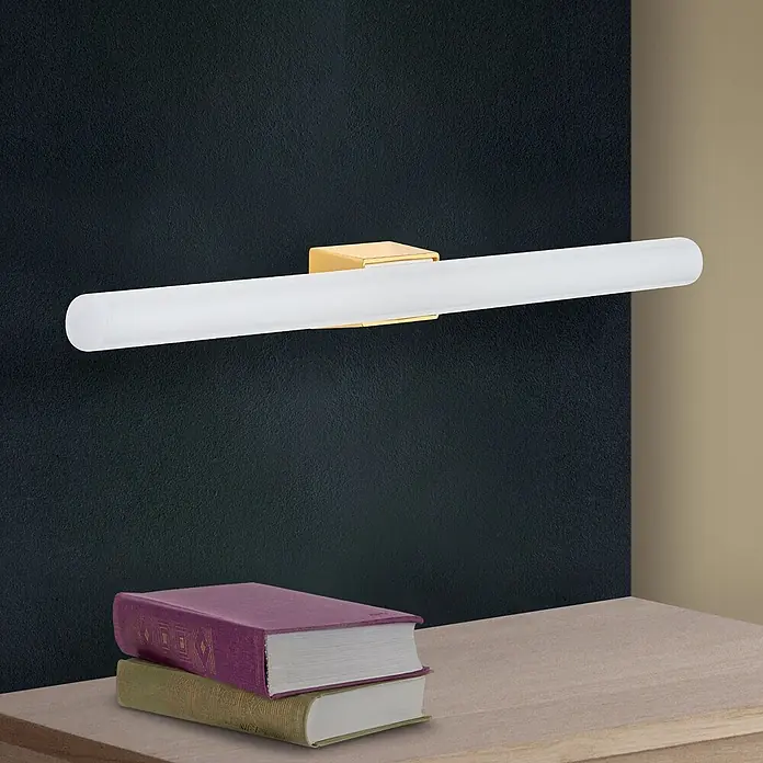 Orion Leuchten Wandleuchte - 60 W, L x B x H: 7 x 50 x 3,8 cm, S14d - Goldfarbene LED-Wandleuchte mit mattweißem Diffusor, an dunkler Wand montiert, beleuchtet Bücher auf Holzfläche.