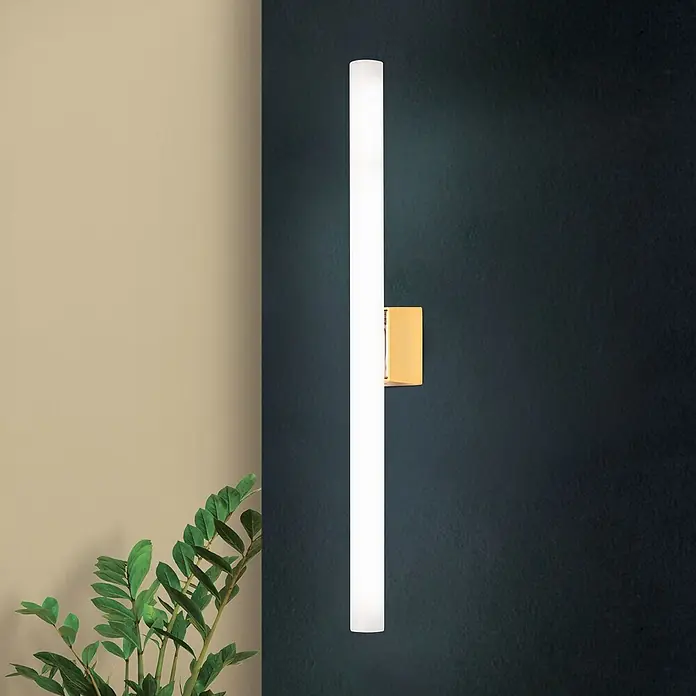 Orion Leuchten Wandleuchte - 60 W, L x B x H: 7 x 50 x 3,8 cm, S14d - Hohe zylindrische Wandleuchte mit goldenem Akzent, beleuchtet eine dunkle Wand neben einer Pflanze.