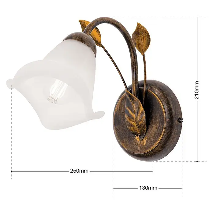 Orion Leuchten Wandleuchte - 40 W, L x B x H: 26 x 14 x 22,5 cm, E14 - Antike Bronzewandleuchte mit mattiertem, glockenförmigem Glasschirm und dekorativen Goldblättern.