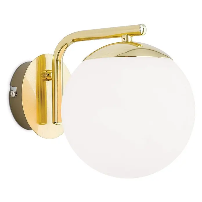 Orion Leuchten Wandleuchte - 40 W, L x B x H: 21 x 15 x 17 cm, E14 - Messing-Wandlampe mit kugelförmigem weißem Glasschirm.