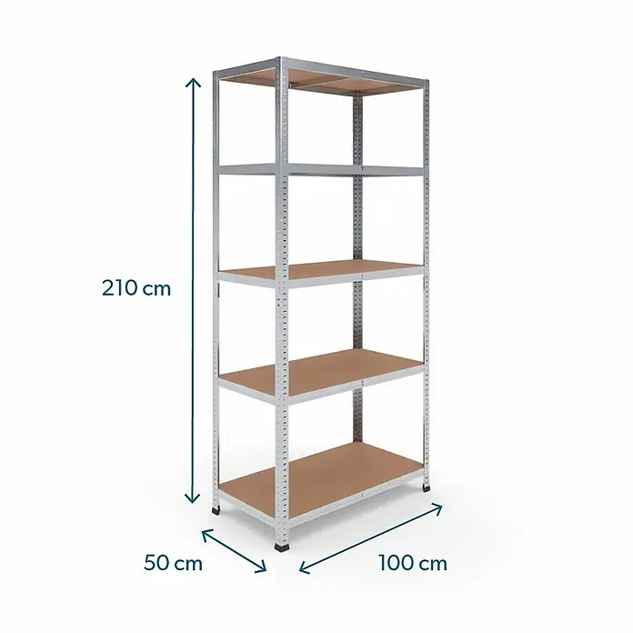 Rackfriends Metallregal - H x B x T: 210 x 100 x 50 cm, Traglast pro Boden: 75 kg, Anzahl Böden: 5 Stk., Stecken, verzinkt - Fünfstöckiges silbernes Metallregal mit verstellbaren braunen Holzablagen zur Aufbewahrung.