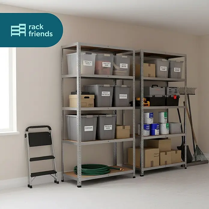 Rackfriends Metallregal - H x B x T: 210 x 100 x 40 cm, Traglast pro Boden: 75 kg, Anzahl Böden: 5 Stk., Stecken, verzinkt - Zwei graue Metallregale mit Holzablagen, organisiert mit Aufbewahrungsboxen, Werkzeugen und Gartengeräten in einem Abstellraum.