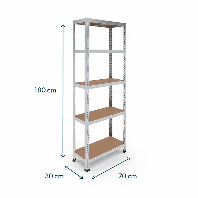 Rackfriends Metallregal - H x B x T: 180 x 70 x 30 cm, Traglast pro Boden: 75 kg, Anzahl Böden: 5 Stk., Stecken, verzinkt - Hellgraues Metallregal mit 5 braunen Böden, Maße 180x70x30 cm (HxBxT).