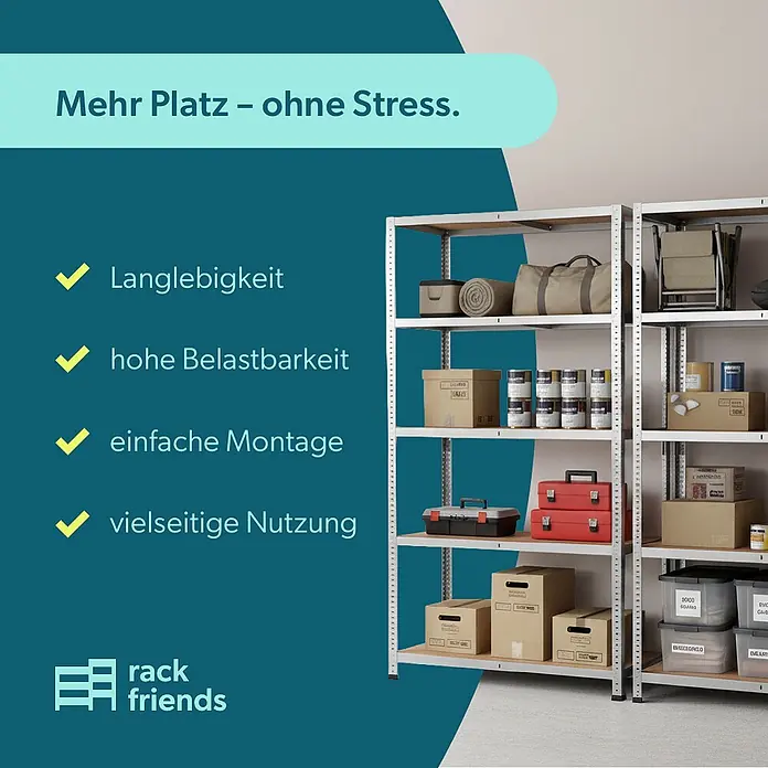 Rackfriends Metallregal - H x B x T: 210 x 100 x 40 cm, Traglast pro Boden: 75 kg, Anzahl Böden: 5 Stk., Stecken, verzinkt - Zwei graue Metall-Lagerregale, gefüllt mit verschiedenen Boxen, Werkzeugen und Taschen, die vielseitige Lagermöglichkeiten zeigen.