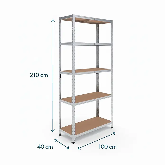 Rackfriends Metallregal - H x B x T: 210 x 100 x 40 cm, Traglast pro Boden: 75 kg, Anzahl Böden: 5 Stk., Stecken, verzinkt - Graues Metall-Regal mit 5 braunen Holzböden. 210 cm hoch, 100 cm breit, 40 cm tief.