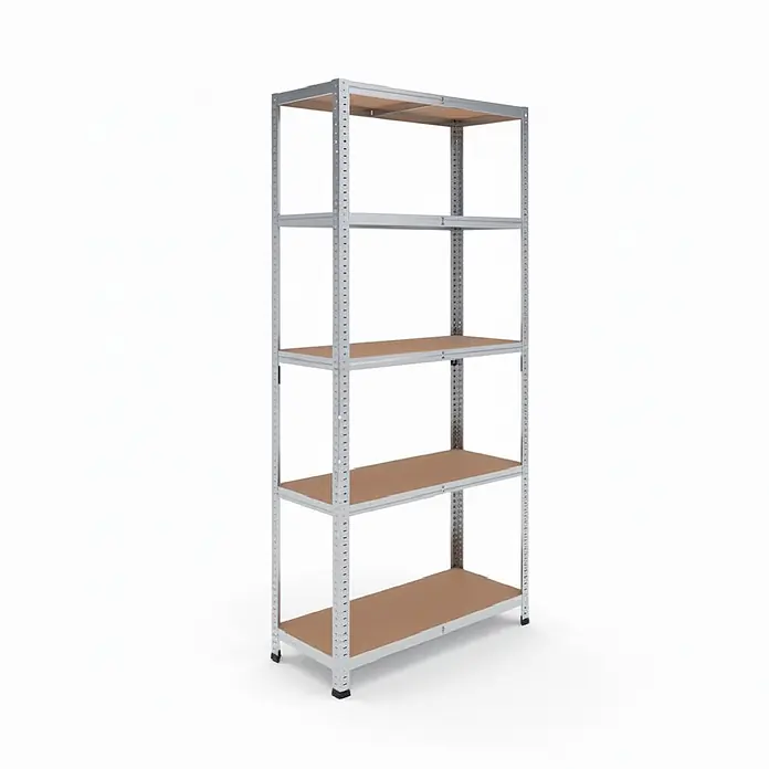 Rackfriends Metallregal - H x B x T: 210 x 100 x 40 cm, Traglast pro Boden: 75 kg, Anzahl Böden: 5 Stk., Stecken, verzinkt - Fünfstöckiges Metallregal mit hellbraunen Holzablagen zur Aufbewahrung.