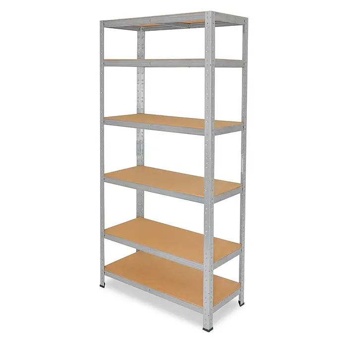 shelfplaza Schwerlastregal HOME - H x B x T: 155 x 80 x 23 cm, Traglast pro Boden: 175 kg, Anzahl Böden: 6 Stk., Stecken, verzinkt - Graues Metallregal mit sechs braunen Holzablagen für vielseitige Lagerung.