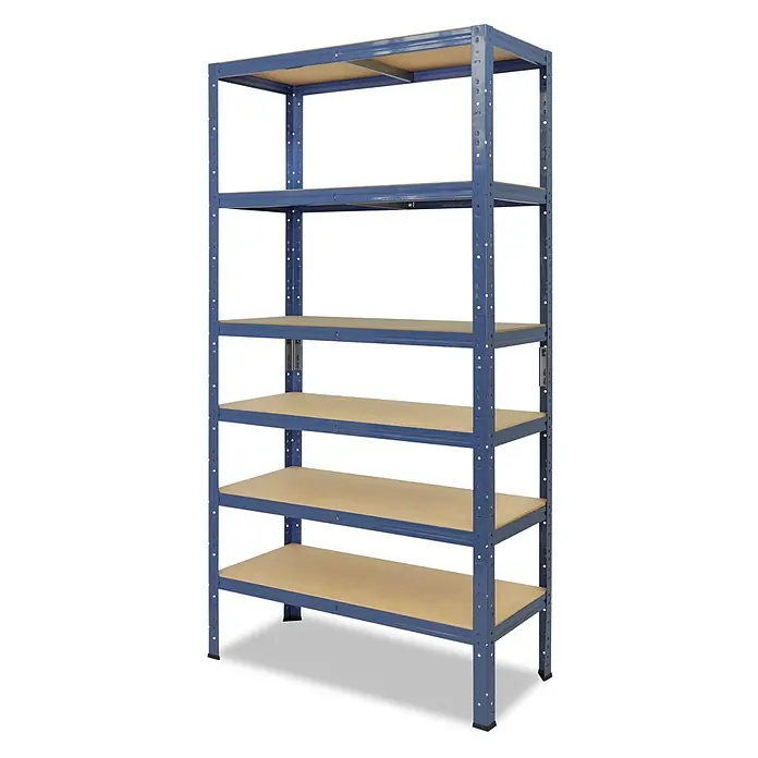 shelfplaza Schwerlastregal HOME - H x B x T: 180 x 75 x 40 cm, Traglast pro Boden: 175 kg, Anzahl Böden: 6 Stk., Stecken, blau - Blaues Metallregal mit fünf Holzregalböden zur Schwerlastlagerung.