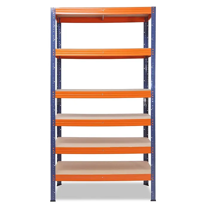 shelfplaza Schwerlastregal PRO - H x B x T: 200 x 100 x 50 cm, Traglast pro Boden: 200 kg, Anzahl Böden: 6 Stk., Stecken, blau-orange - Ein stabiles, mehrstöckiges Regal mit blauen Ständern, orangen Metallträgern und hellen Holzregalböden zur vielseitigen Lagerung.
