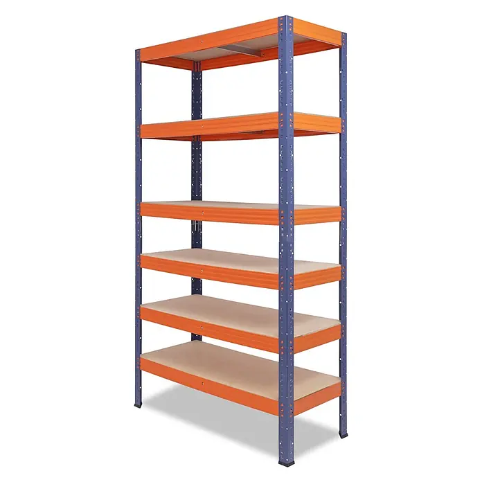shelfplaza Schwerlastregal PRO - H x B x T: 200 x 100 x 50 cm, Traglast pro Boden: 200 kg, Anzahl Böden: 6 Stk., Stecken, blau-orange - Fünfstöckiges Metallregal mit orangefarbenen Trägern, blauen Stützen und Holzablagen.