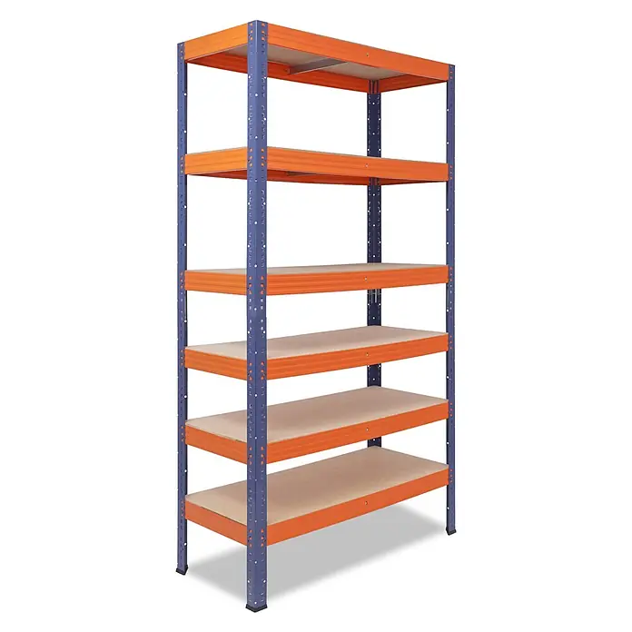 shelfplaza Schwerlastregal PRO - H x B x T: 200 x 100 x 50 cm, Traglast pro Boden: 200 kg, Anzahl Böden: 6 Stk., Stecken, blau-orange - Schwerlast-Metallregal mit blauen Pfosten, orangefarbenen Trägern und fünf Holzregalböden für robuste Lagerung.