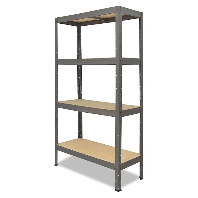shelfplaza Schwerlastregal PRO - H x B x T: 155 x 120 x 50 cm, Traglast pro Boden: 200 kg, Anzahl Böden: 4 Stk., Stecken, grau - Graues Metallregal mit vier Ebenen und hellen Holzablagen zur Lagerung.