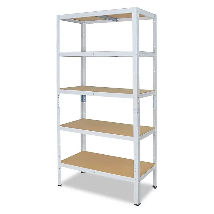 shelfplaza Schwerlastregal HOME - H x B x T: 200 x 50 x 23 cm, Traglast pro Boden: 175 kg, Anzahl Böden: 5 Stk., Stecken, weiß - Weißes Metallregal mit fünf Ebenen und hellbraunen Holzablagen zur Aufbewahrung.