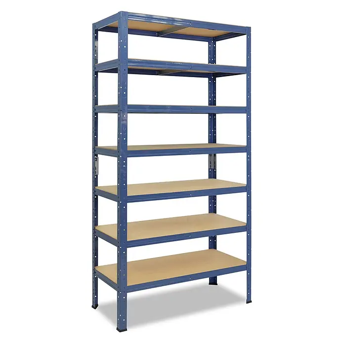 shelfplaza Schwerlastregal HOME - H x B x T: 200 x 120 x 30 cm, Traglast pro Boden: 175 kg, Anzahl Böden: 7 Stk., Stecken, blau - Schwerlast-Lagerregal aus blauem Metall mit sechs verstellbaren Holzablagen.