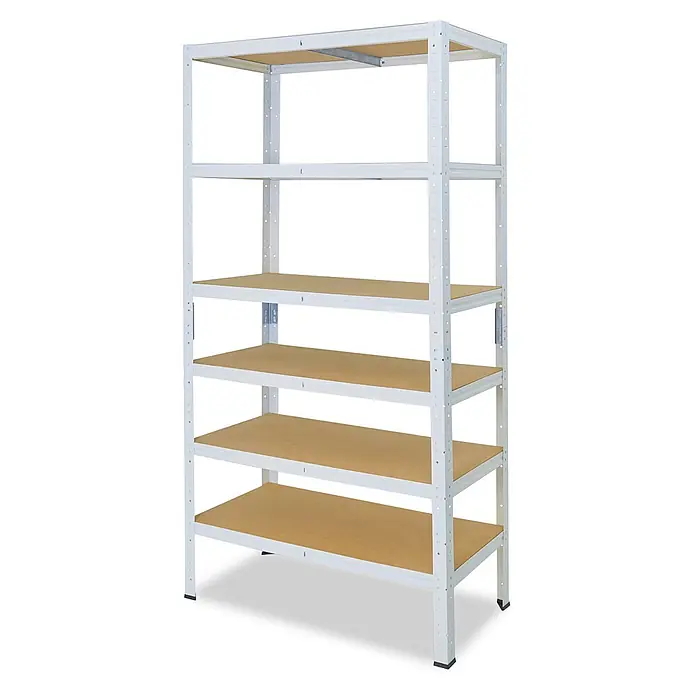 shelfplaza Schwerlastregal HOME - H x B x T: 155 x 70 x 50 cm, Traglast pro Boden: 175 kg, Anzahl Böden: 6 Stk., Stecken, weiß - Weißes Metallregal mit fünf hellbraunen Holzablagen.