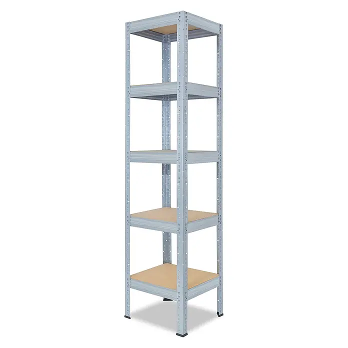 shelfplaza Schwerlastregal PRO - H x B x T: 230 x 30 x 30 cm, Traglast pro Boden: 200 kg, Anzahl Böden: 5 Stk., Stecken, verzinkt - Graues Metallregal mit fünf hellbraunen Holzablagen.