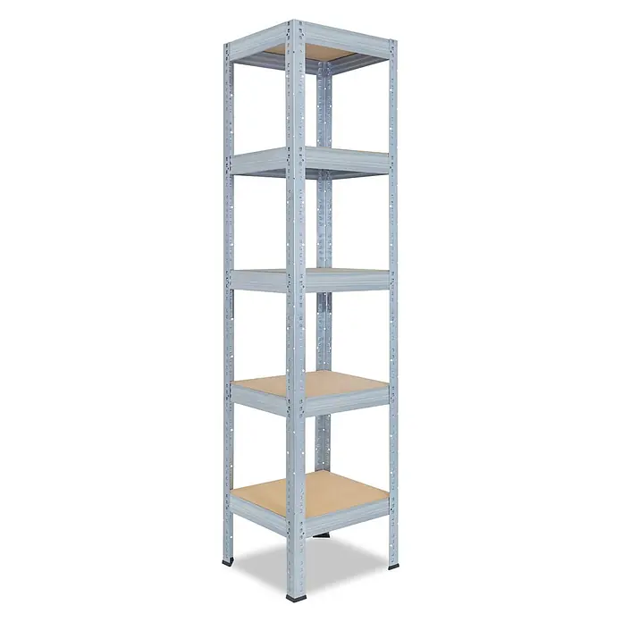 shelfplaza Schwerlastregal PRO - H x B x T: 230 x 30 x 30 cm, Traglast pro Boden: 200 kg, Anzahl Böden: 5 Stk., Stecken, verzinkt - Ein hellgraues Metallregal mit fünf hellbraunen Holzablagen, zur Aufbewahrung.