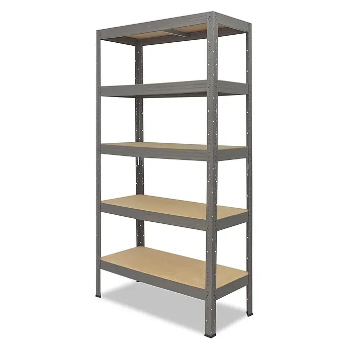 shelfplaza Schwerlastregal PRO - H x B x T: 200 x 120 x 50 cm, Traglast pro Boden: 200 kg, Anzahl Böden: 5 Stk., Stecken, grau - Graues Metallregal mit fünf Ebenen und hellbraunen Holzablagen.