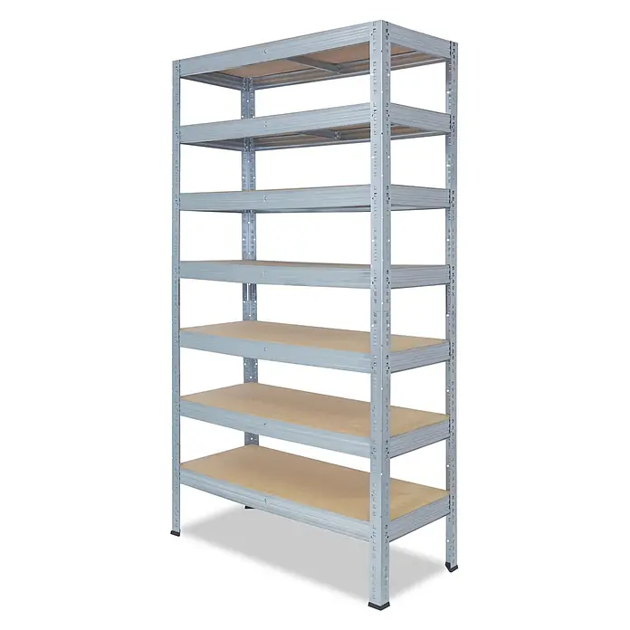 shelfplaza Schwerlastregal PRO - H x B x T: 200 x 50 x 40 cm, Traglast pro Boden: 200 kg, Anzahl Böden: 7 Stk., Stecken, verzinkt - Ein mehrstufiges Lagerregal mit grauem Metallrahmen und hellbraunen Holzablagen.