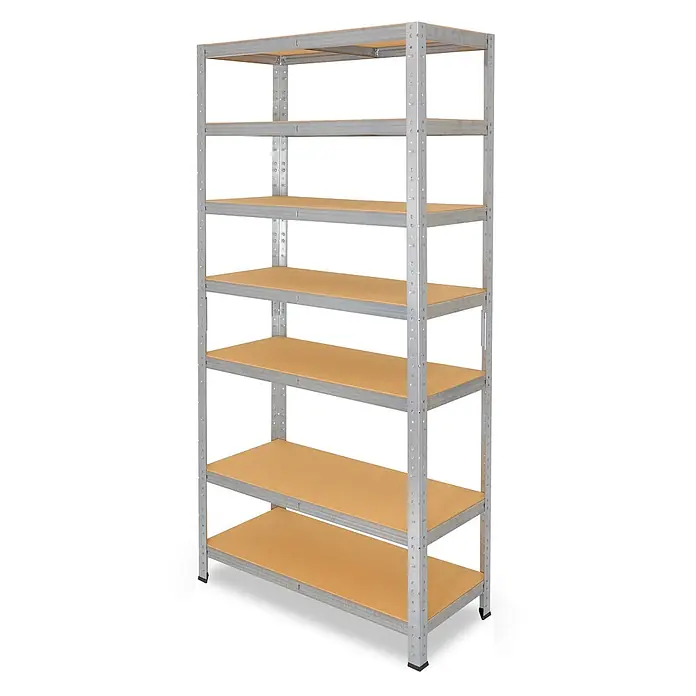 shelfplaza Schwerlastregal HOME - H x B x T: 200 x 75 x 40 cm, Traglast pro Boden: 175 kg, Anzahl Böden: 7 Stk., Stecken, verzinkt - Schwerlastregal aus verzinktem Stahl mit 6 hellbraunen Holzablagen.