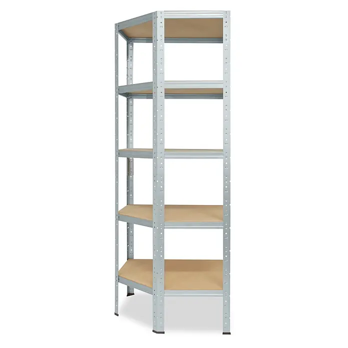shelfplaza Schwerlastregal HOME - H x B x T: 180 x 60 x 30 cm, Traglast pro Boden: 175 kg, Anzahl Böden: 5 Stk., Stecken, verzinkt - Fünfstufiges hellgraues Metalleckregal mit hellbraunen Holzablagen.