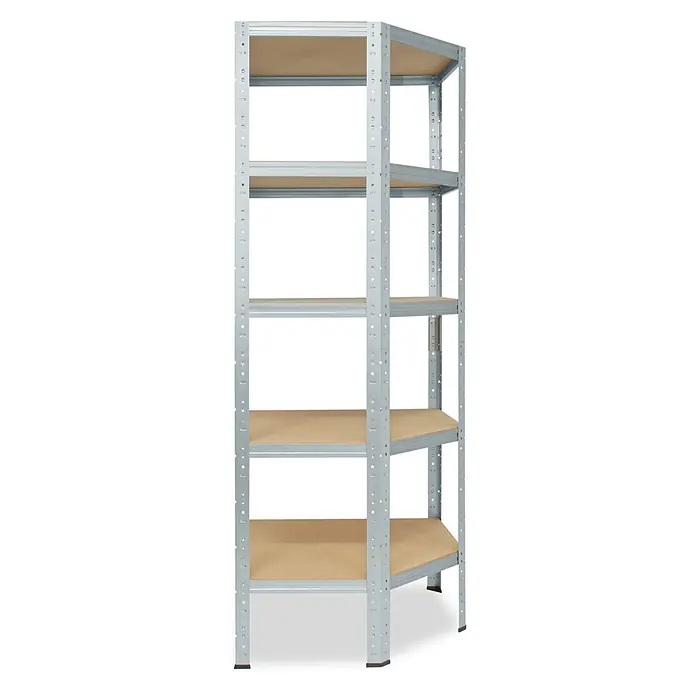 shelfplaza Eckregal Home verzinkt 180x60x30 cm, 5 Böden 175 kg -  - Fünfstufiges Eck-Metallregal mit hellbraunen Holzablagen und einem silbernen Rahmen.
