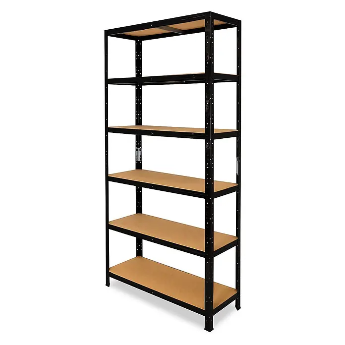 shelfplaza Schwerlastregal Black schwarz 200x80x50 cm, 6 Böden 145 kg -  - Schwarzes Metallregal mit fünf hellbraunen Böden, geeignet für schwere Lagerung.